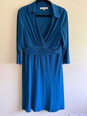 Evan Picone Teal Blue Ruched-Waist Long Sleeve Dress